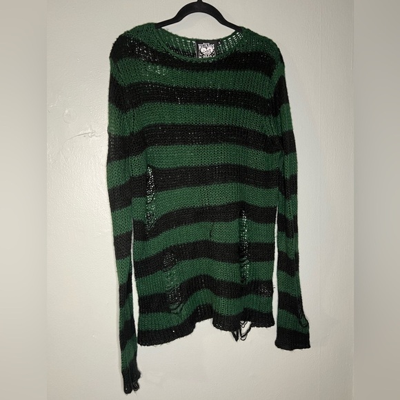 We Are the Weirdos KillStar ABSINTHE KNIT green black striped distressed SWEATER - Picture 3 of 11